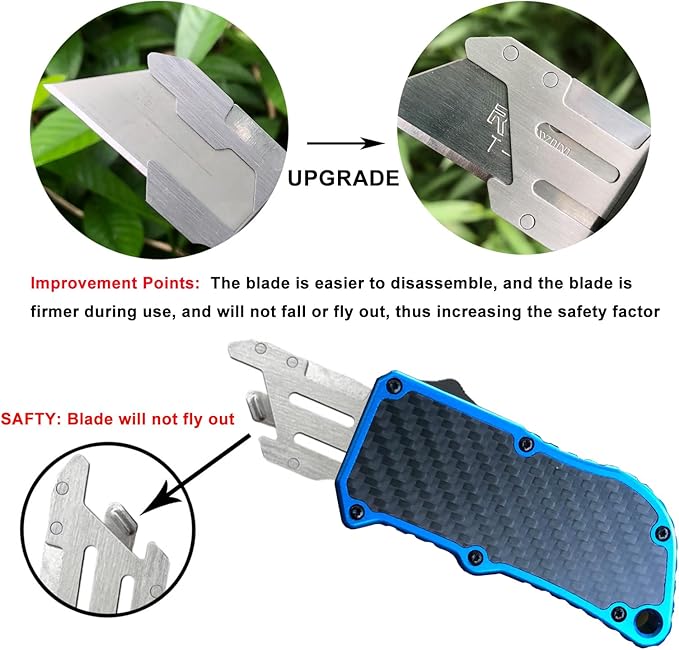 Automatic Utility Knife, Green Razor Blades Pocket Knife, Box Cutters Retractable Heavy Duty, Premium Safety Push Button Knife with 5PCS Blades (Blue)