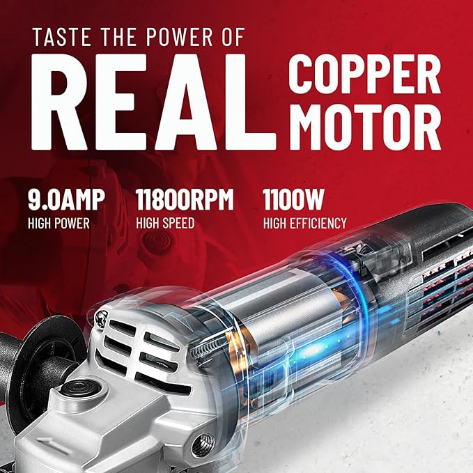 9.0 Amp Angle Grinder, 4-1/2 Inch Electric Grinder Power Tool, 11800 RPM, Auxiliary Handle and 2 Safety Guards, 6 Piece Discs, Copper Angle Grinder for Cutting, Grinding, Polishing (KSM17-115B)