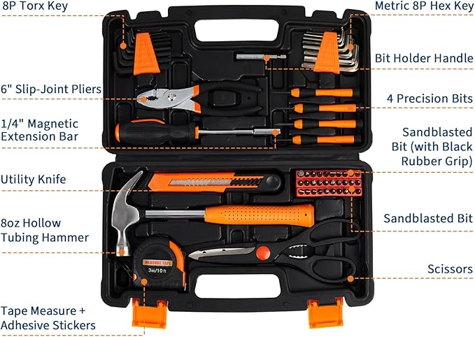 PioneerWorks Portable Small Tool Kit, 57 Piece General Household Hand Kit, Tool Set with Plastic Toolbox Storage Case Blue for Home Maintenance
