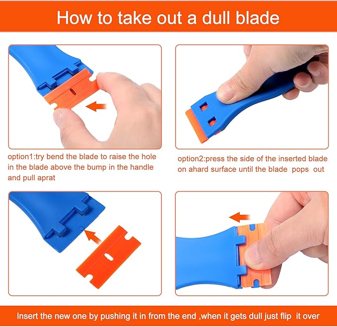 Plastic Razor Blade Scraper, 4 Pieces Scraper Tools with 100 Pieces Plastic Blades for Gasket Remover, Stickers, Decals, Adhesive, Labels, Paint, Glass, Car, Windows