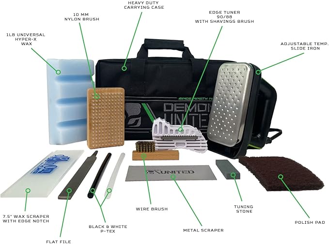 DEMON UNITED USA Gold Edition Ski & Snowboard Tuning Kit, Demon Hyper Wax, Ski Hot Wax Iron, 3 Pack Buff Pads, Edge Tuner, Nylon Brush, & More!