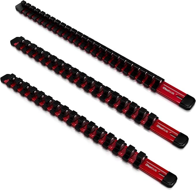 Olsa Tools Aluminum Socket Organizer, 3pc Set - Red Socket Holder Kit 1/2-Inch, 3/8-Inch, and 1/4-Inch Drive - Holds 58 Chrome or Impact Sockets - Professional Grade Socket Rails - Part: 1009