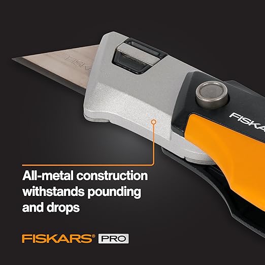Fiskars Pro Folding Utility Knife, CarbonMax Blade with Safe Blade Lock and Pocket Clip, Compact Dual-Lock All-Metal Design, Everyday Carry