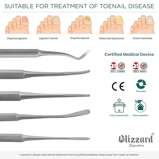 Ingrown Toenail File Set by Blizzard ??3 Piece Double-Ended Tool Kit with Blacks File, Nail Cleaner and Lifter for Cleaning and Care of Ingrown Toenails - Premium Stainless Steel