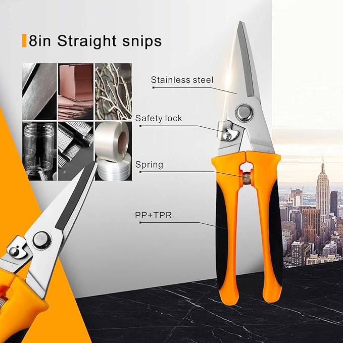 8" Aviation Tin Snips for cutting metal sheet,Heavy Duty Scissors with Safety Lock,Metal Snips cut wires,cardboard,branches,light metal,plastic zip ties,Fabric