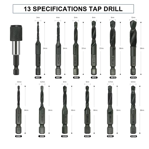 GMTOOLS Combination Drill and Tap Bit Set with Quick-Change Adapter of 13Pcs, 6 SAE Sizes: 6-32NC to 1/4-20NC, 6 Metric Sizes: M3 to M10,Suitable for Drilling Tapping Threading Countersinking