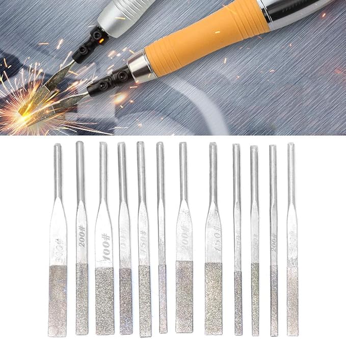 12 Piece Needle File Set, Shank Taper Machine Files for Reciprocating Grinding, 100/150/200/300 Grit
