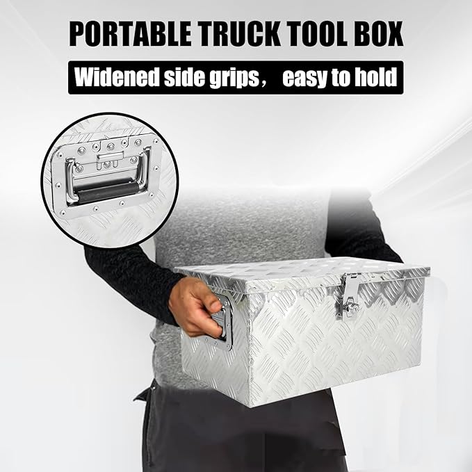 confote 20" Heavy Duty Aluminum Stripes Plated Tool Box Pick Up Truck Bed RV Trailer Toolbox Waterproof Square Storage Organizer with Side Handle, Lock with Keys -20"x 13"x 10"竊똕ilver