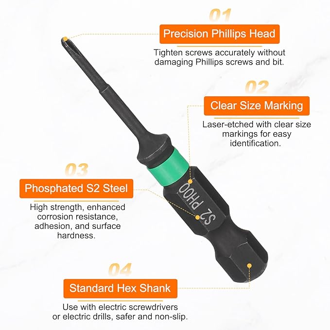HARFINGTON #00 Impact Phillips Screwdriver Bit PH00 1/4" Hex Shank 2" (50mm) Length 0.08" Rod Magnetic Cross Head Drill Bits S2 Steel Industrial Screw Drivers for Impact Power Tools
