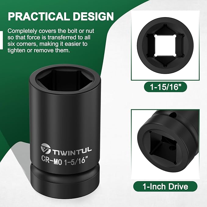 1-5/16" Impact Socket 1" Drive, 6 Point Design, CR-MO Axle Nut Socket, ANSI Certified, Heavy Duty Socket 1 Inch Drive for Truck, Trailer, Industrial & Fleet Maintenance