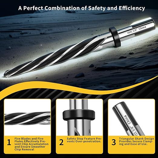 3/8??Reamer Drill Bit,M2 HSS Tapered for Metal Steel Wood Plastic,3/8??Bridge Construction Reamer with 3/8" Non-Slip Shank,5-Spiral Flutes Reamer Drill Bit to Align or Enlarge Holes