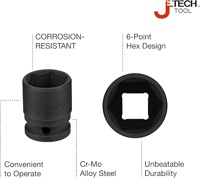 JETECH 1/2 Inch Drive 23mm Standard Impact Socket, Chrome Molybdenum Alloy Steel, 6-Point Design, Metric