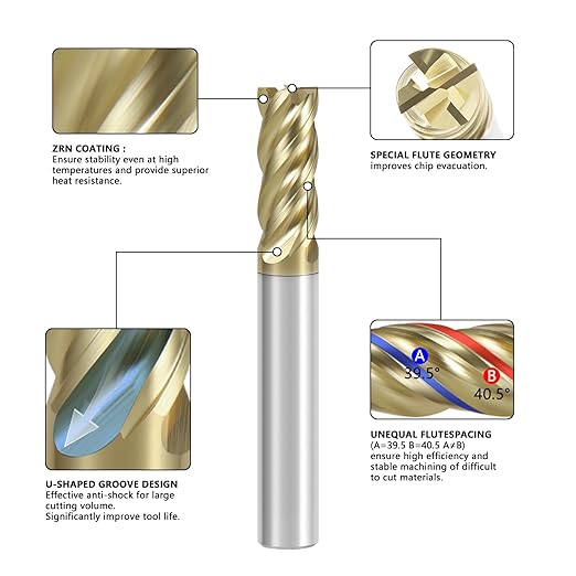 1/2" Carbide Square End Mill with ZrN Coating 4 Flute Unequal Helix Design Mill Bits Sets for Roughing and Finishing