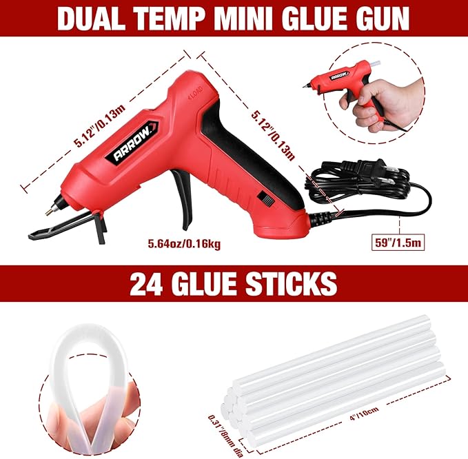 Arrow Mini Hot Glue Gun, Dual Temp Glue Gun Kit with 24Pcs Mini Glue Sticks, High/Low Temp Fast Heating Glue Guns with Stand for DIY, Decoration, Crafts, Quick Repairs