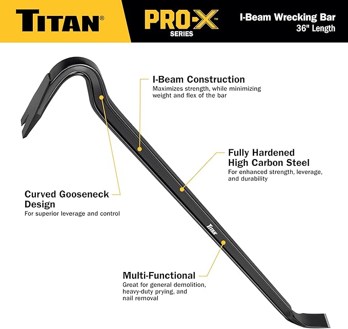 Titan Pro-X 63801 36-Inch I-Beam Wrecking Bar with Curved Gooseneck Design, Fully Hardened High Carbon Steel Construction, Angled Chisel End, Flat Striking Target