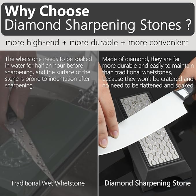 Diamond Sharpening Stone Set, Knife Sharpener Stone, Double-sided Coarse 400 / Fine 1000# | Extra Fine 3000 Grit, 2 Sizes Whetstone Tool with Non-Slip Base, Diamond Plate Honing Stone, Hone Sharpener