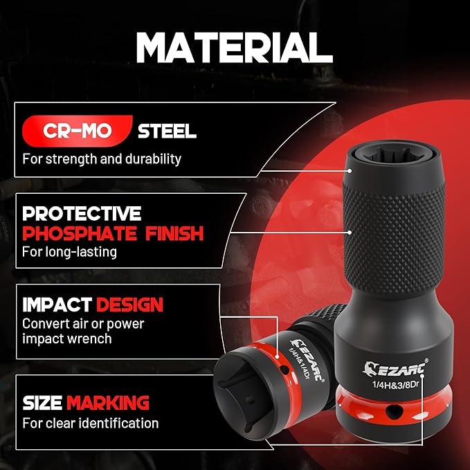 EZARC 4 Pcs Impact to 1/4 Hex Converter, 1/2 3/8 1/4-Inch Square Drive Sockets to 1/4-Inch Hex Adapter, Impact Wrench Adapters for Ratchet Wrench Drivers, Impact Bit Holders, Quick-Change Chuck