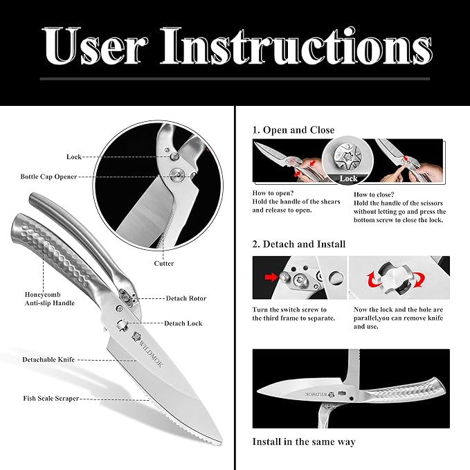 WILDMOK Heavy Duty Poultry Kitchen Shears ??Multi-function Stainless Steel Poultry Shears, Ultra Sharp All Purpose Kitchen Scissors Cutting Chicken Meat, Turkey, Fish