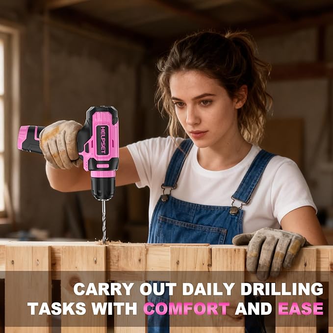 8V Cordless Drill Driver Set with 3/8" Keyless Chuck, 15pcs Bits, Type-C Charging, Built-in LED and Variable Speed for Drilling and Screwing, Toolbox (Pink)