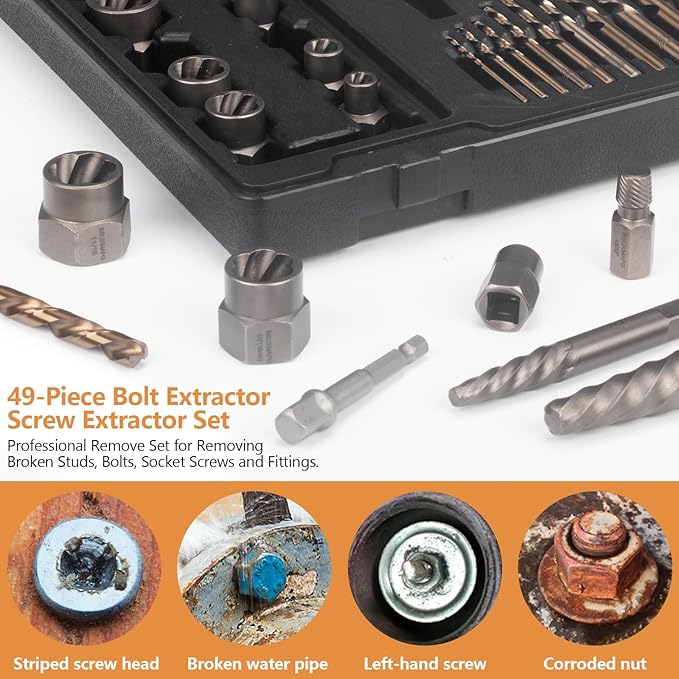 49PCS Screw & Bolt Extractor Set with Left Hand Drill Bit Set, Multi-Spline Easy Out Broken Bolt Remover Tools for Damaged Stripped Rounded-Off Bolts, Socket Screws, Nuts, Studs, and Fittings