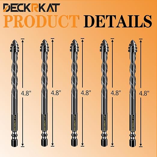 DECKRKAT Upgraded 5-Piece 3/8 Inch Black 4-Flute Serrated Masonry Drill Bits - Concrete, Tile, Glass, Brick, Ceramic, Plastic, Wood