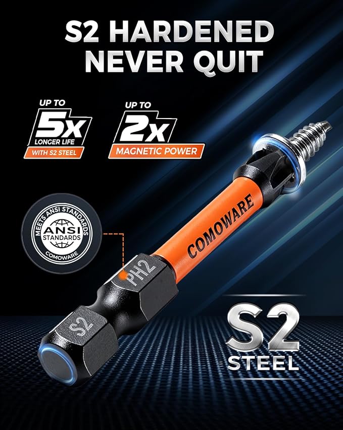 COMOWARE 13pcs Phillips Impact Screwdriver Drill Bits #2, S2 1/4" Hex Screwdriver Bit Set, 1-6" Length, CNC Tip Magnetic Drill Bit, Impact Hex Bits Sets with Magnetizer For Power Drill