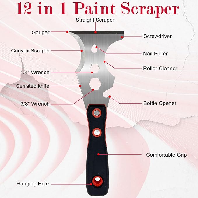 WYPROCEED Paint Scraper Tool, Stainless Steel 12-in-1 Putty Knife, Metal Spackle Scraper for Removing Drywall Paint, Caulk, Wood, Wallpaper