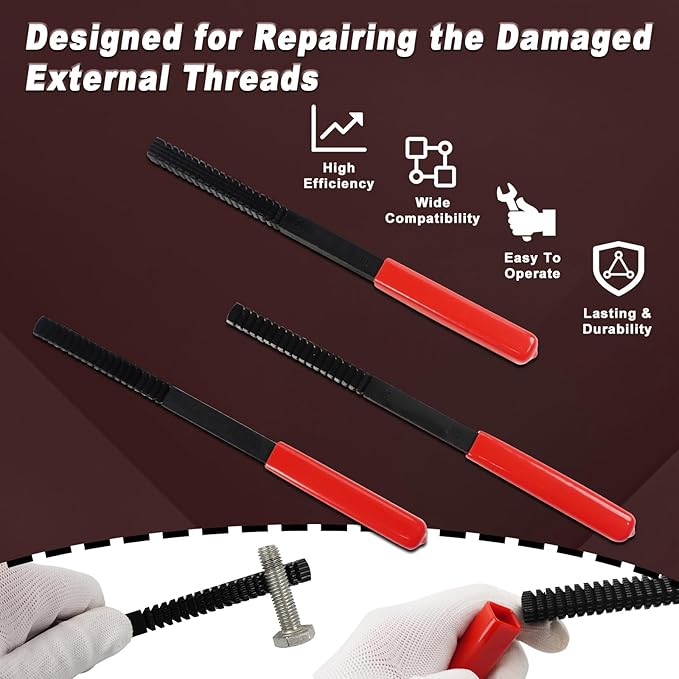 3Pcs Thread File Set, Thread Restorer File Set, Thread Restoring Chaser Files Metric and SAE, High Carbon Steel Thread Repair Tool for Thread Repair File Set, Thread Cleaner Tool
