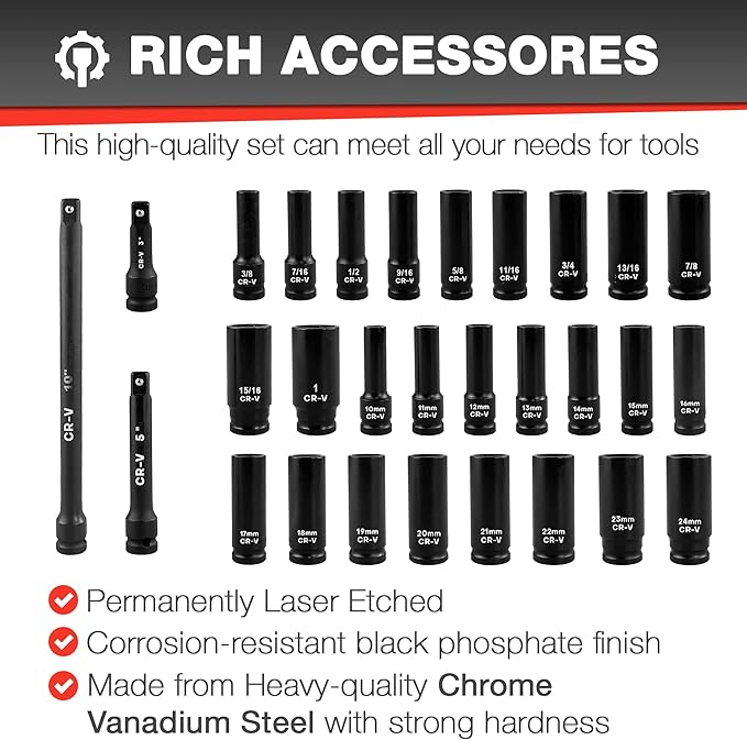 29pcs 1/2" Socket Set, Drive Deep Impact Socket Set, Including 3 ", 5", 10" Impact Extension Bar, Standard SAE (3/8 "- 1") and Metric (10mm-24mm), Cr-V Steel