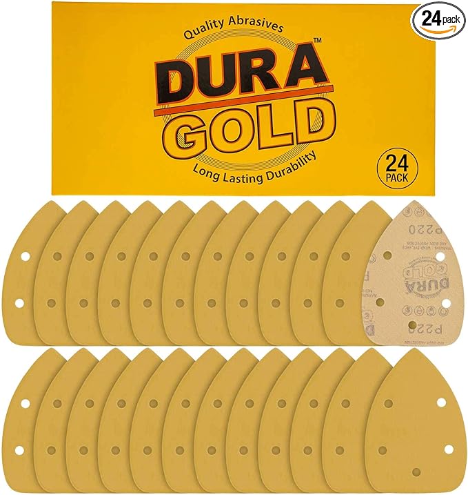 Dura-Gold Premium Mouse Detail Sander Sandpaper Sanding Sheets - 220 Grit (Box of 24) - 5 Hole Pattern Hook & Loop Triangle Mouse Discs - Woodworking Wood, Furniture Crafting, Sand Automotive Paint