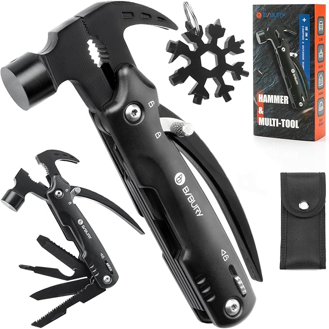 BIBURY 12 in 1 Multitool Hammer with Snowflake Tool, Christmas Stocking Stuffers for Men, Survival Gear Outdoor Multi Tool with Safety Lock, White Elephant Gifts for Men Dad Him Grandpa Husband