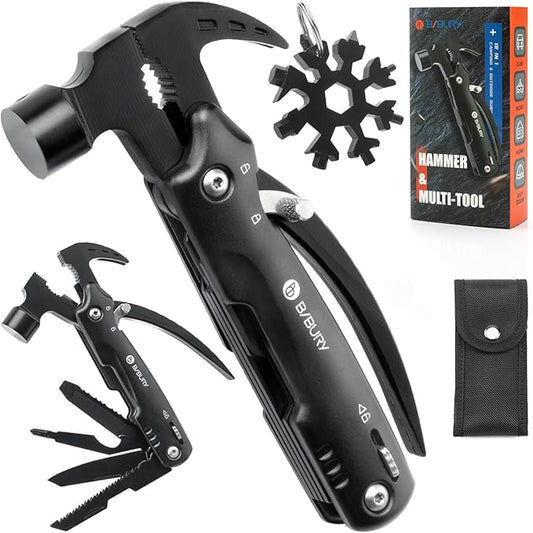 BIBURY 12 in 1 Multitool Hammer with Snowflake Tool, Christmas Stocking Stuffers for Men, Survival Gear Outdoor Multi Tool with Safety Lock, White Elephant Gifts for Men Dad Him Grandpa Husband