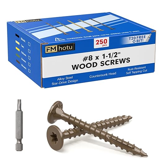 #8 x 1-1/2” Deck Screws, 250Pcs Star Drive Wood Screws, Rust Resistant Timber Screws for Timber/Log/Landscaping Wood, T20 Star Bit Included, Brown