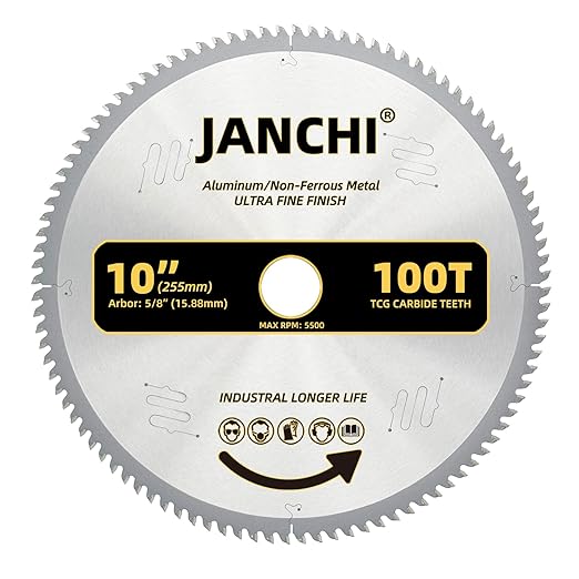 10-Inch 100T Ultra Fine Finish Aluminum/Non-Ferrous Metal Saw Blade with 5/8-Inch Arbor, Upgrade TCG Grind Teeth for Ultra Fine Finish Cutting Thin Aluminum, Plastic, Composite and Non-Ferrous Metal