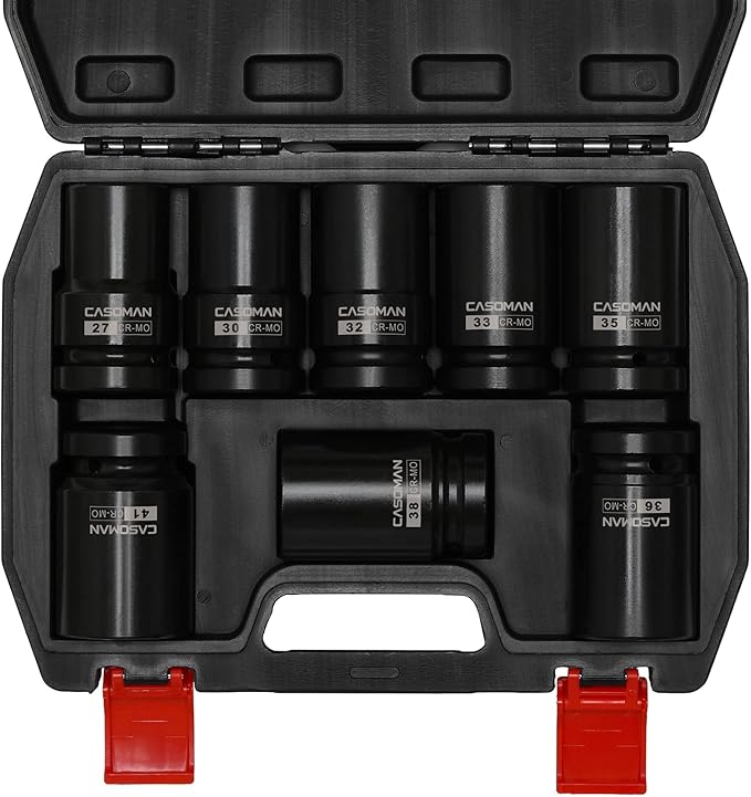 CASOMAN 8 Pieces 1-Inch Drive Deep Impact Socket Set, CR-MO, Metric, 6-Point, Heavy Duty Wheel Impact Socket Set
