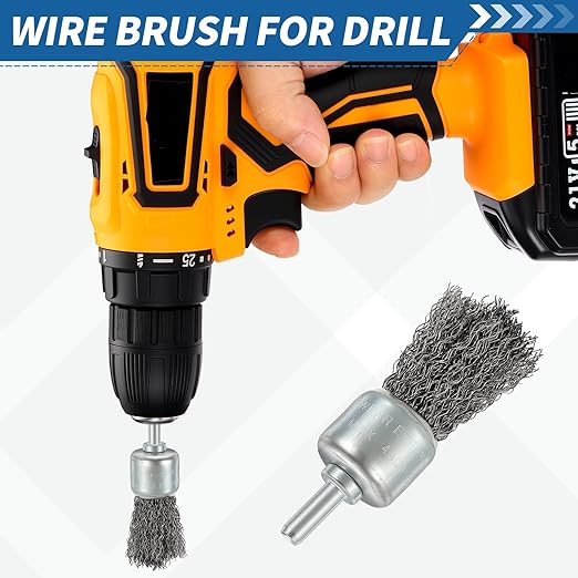 Wire Brush for Drill (1"/25mm) 4Pack, Crimping Steel Wire 0.012" (Carbon Steel) Wire Brush Drill Attachment with 1/4" Round Shank - for Rust, Cleaning, Deburring on Cast Iron