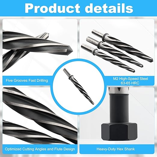 Rocaris 5 Pcs M2 HSS Taper Chucking Reamer Drill Bit, 3/8", 1/2", 5/8", 3/4", 13/16" Taper Reamer Bit Set for Steel, Alloy, Aluminum, Wood, Plastic
