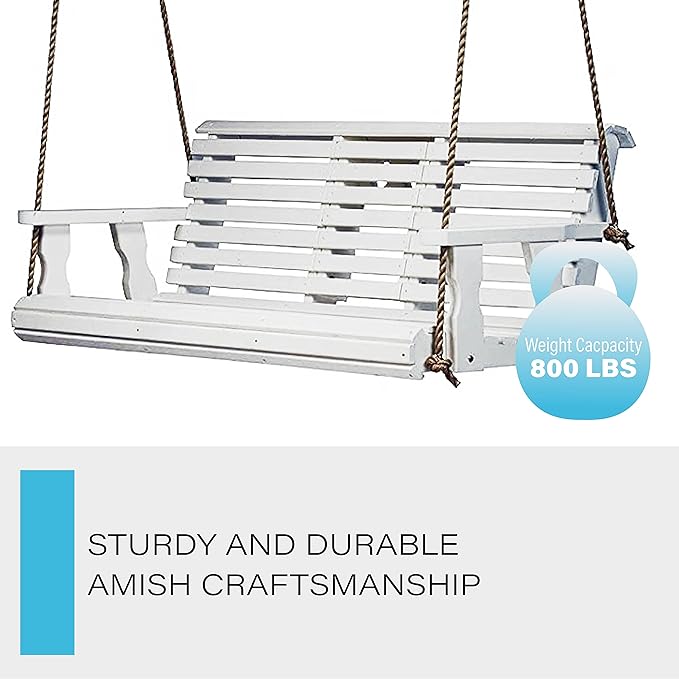 Porchgate Amish Heavy Duty 800 Lb Rollback Console Treated Porch Swing with Hanging Ropes (Semi-Solid White Stain)