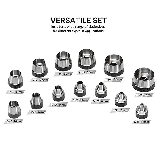 NEIKO 02604A Hole Punch Set | SAE & Metric, 3/16????1-3/8??& 5 ??35mm | 14 Piece Sharp Hollow Hole Punch Kit, Gasket Cutting Puncher, Foam Cutter, & Leather Hole Punches | 6??Interchangeable