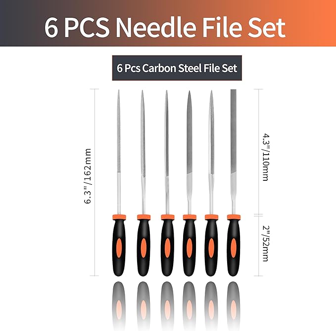 KUZURYU 6-Piece Metal Needle File Set - Hardened Alloy Steel Includes Flat, Warding, Square, Triangular, Round, and Half-Round Files