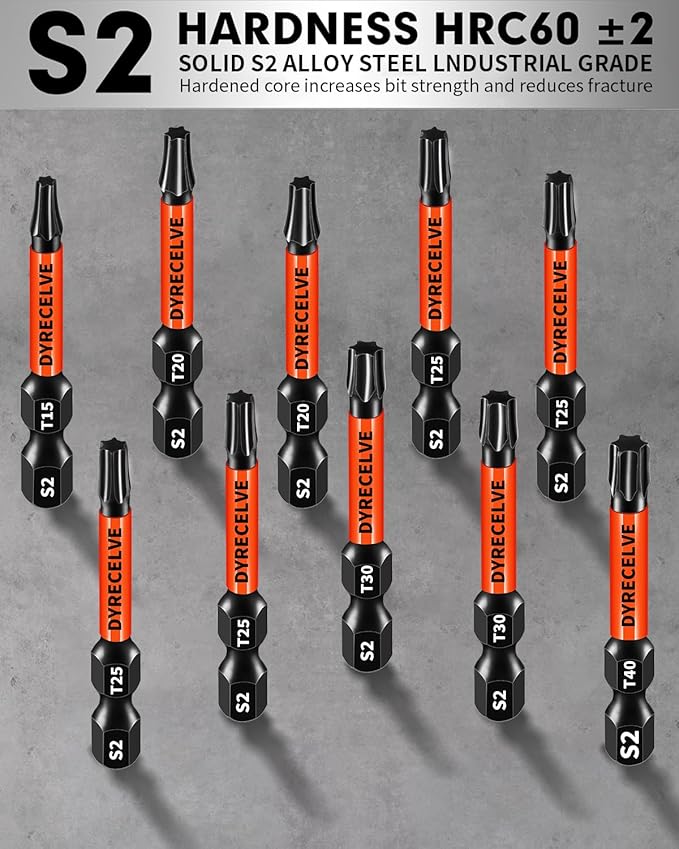 Impact Torx Bit Set T15 T20 T25 T30 T40, 10-Pack 2 Inch S2 Steel Magnetic Power Bits for Impact Driver, 1/4 Inch Hex Shank Heavy Duty Magnetic Grip (Anti-Slip)