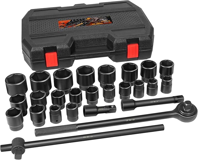 3/4-Inch Drive Jumbo Master Impact Socket Set, SAE and Metric Shallow-Socket Tool Set, SAE 7/8" to 2" and Metric 22 to 50 mm Sockets with Extension Bars and Ratchet Handle, 27 pieces