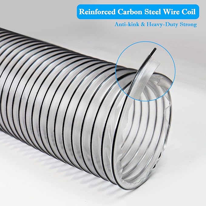 6" x 50' PVC Dust Collection Hose, 6 Inch Dust Collector Hose for Shop Vacuum,Woodworking Dust Collection Systems,Puncture Resistant Flexible Clear PVC Fume Debris Dust Hose Tube w/Carbon Steel Wire