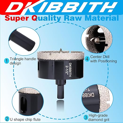 DKIBBITH 2-1/2" Diamond Hole-Saw Bits with Pilot Drill Bit - 2-1/2" Diamond Tipped Tile Hole Saws with Guiding Bit for Porcelain Tile Ceramic Pottery Granite Stone Glass Bottles 65mm.