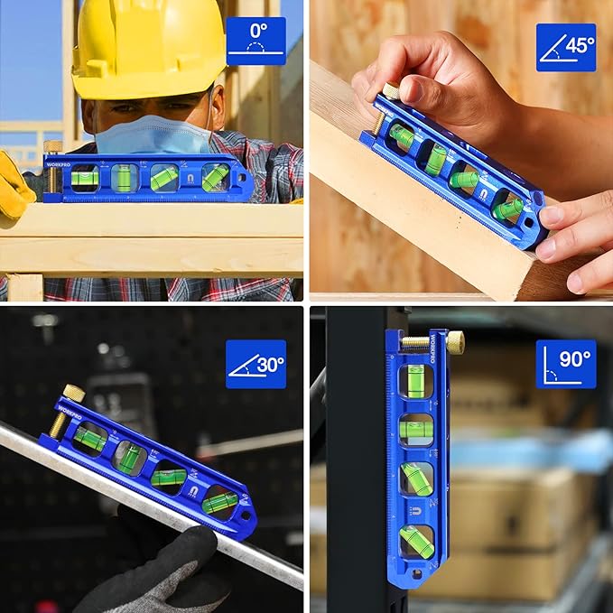 WORKPRO 8-Inch Magnetic Torpedo Level, Aluminum Alloy Construction, 4 Bubble Vials for 0째/90째/45째/30째 Measurements, Cobalt Blue