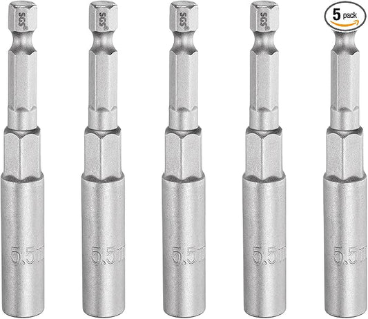 HARFINGTON 5pcs Nut Driver Drill Bit 5.5mm Metric Socket 1/4" Hex Shank 3.15" (80mm) Long 6-Point Sockets Quick Change CR-V Steel Bolt Setters for Power Drill Drivers