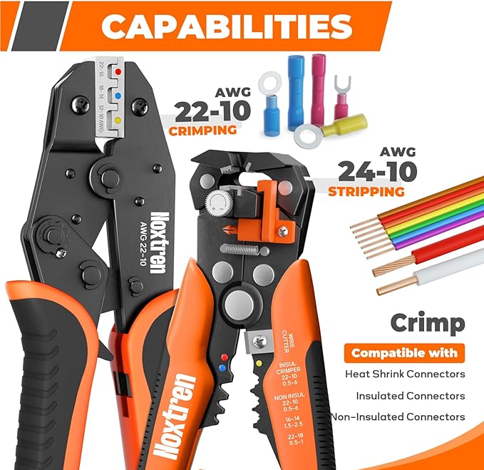 Noxtren Wire Stripper and Crimping Tool, AWG 24-10 Self-Adjusting Stripper Tool with AWG 22-10 Ratcheting Wire Terminal Crimper for Heat Shrink Wire Connectors