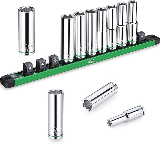 SK 1/2" Drive Socket Set, Deep Metric Sockets, 11-Piece 10-20mm, SuperKrome Finish, Premium CR-V Construction, with Aluminum Socket Organizer