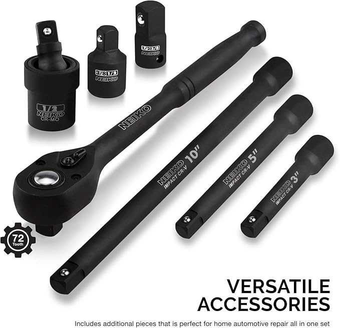NEIKO 02446A 1/2" Impact Socket Set, 35 Piece, Deep Socket Kit Assortment, Standard SAE (3/8??1-1/4?? and Metric MM (10-32mm) Sizes, Includes Ratchet Handle and Impact Extension Bars