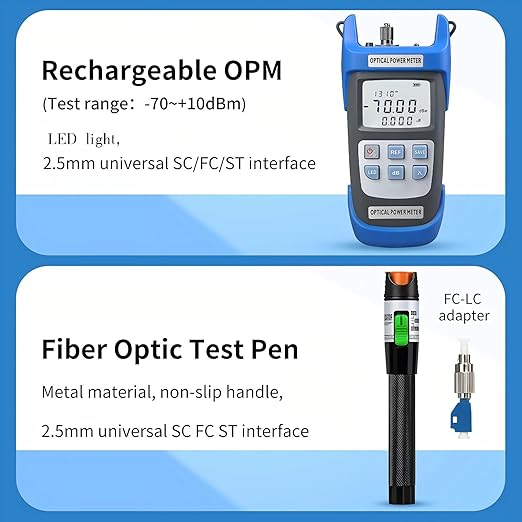 Fiber Optic Terminal kit 10-in-1 FTTH Tool kit Equipped with S-08 Optical Fiber Cleaver and Rechargeable Optical Power Meter A-C710A (-70~+10dBm) Well as Stripper Fibre Tool kit